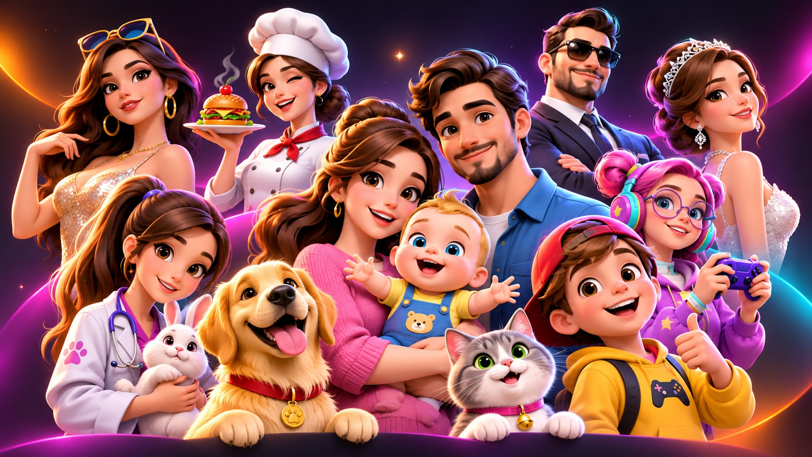 Colorful characters and pets from family, fashion, cooking and simulation games